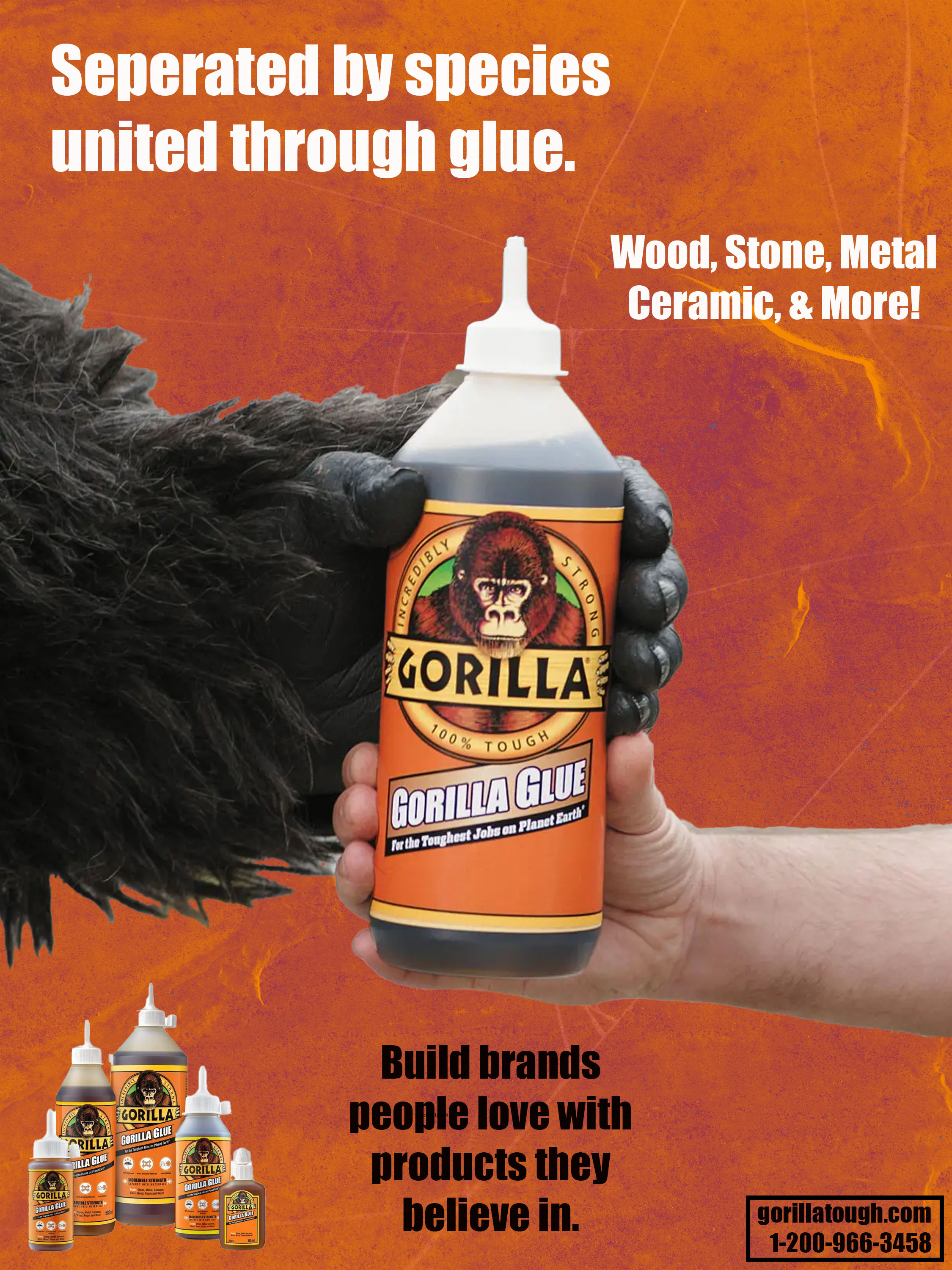 Gorilla Glue magazine advertisement — Separated by species, united through glue